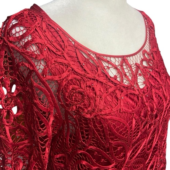 Silken Poetry Vintage 100% Silk Blouse Size M Merlot Red Lace Overlay Party Date - Picture 7 of 10